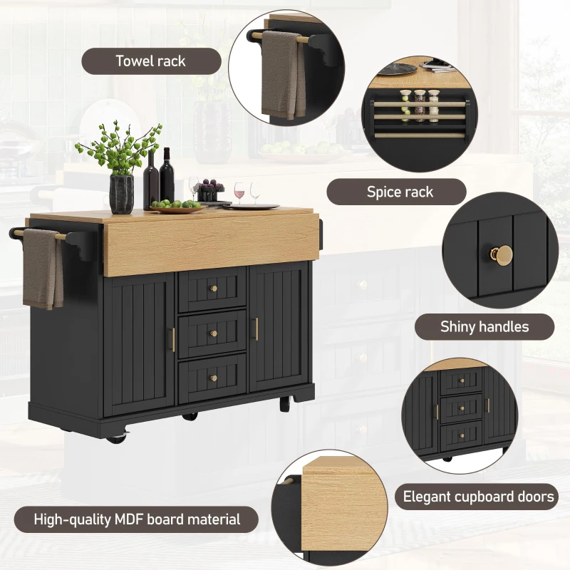 Extendable Kitchen Island with 3 Drawers and Adjustable Shelves, Trolley Cabinet with Double-Sided Drop-Leaf, 120L x 40-80W x 95H cm, Black