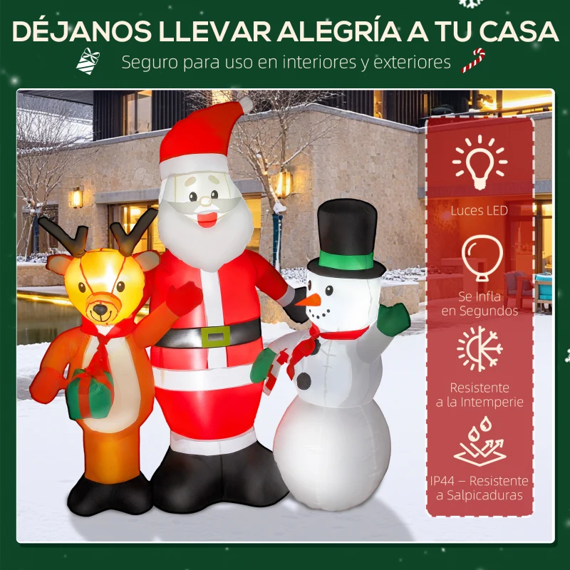 Outsunny Papá Noel Inflable 150 cm con Reno y Muñeco de Nieve Luces LED e Inflador Eléctrico para Exterior Jardín Césped