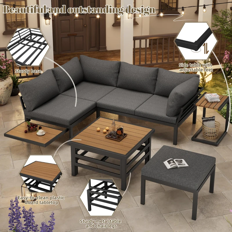 4-5 Seater Outdoor Furniture Set with Extendable Lift-Top Coffee Table, Versatile Outdoor Sofa Set for Patio, 224L x 56W x 65H cm, Gray