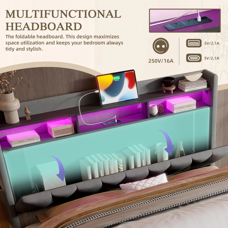 Padded Storage Bed Frame with LED Lighting and USB‑C Charging, Hydraulic Bed with Hidden Storage, 143L x 211W x 116.5H cm, Dark Gray