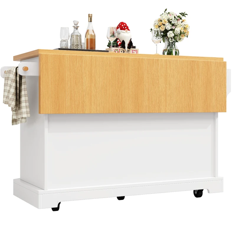 Mobile Kitchen Island with 2 Doors, 6 Drawers and Wood-Effect Worktop, Rolling Cart for Compact Dining Areas, 120L x 45W x 91H cm, White