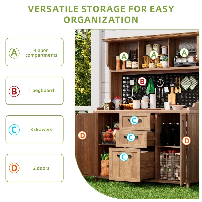 Freestanding Outdoor Cupboard with Drawers, Pegboard and Shelves, Sturdy Storage Cabinet for Kitchen, 120L x 50W x 185H cm, Natural