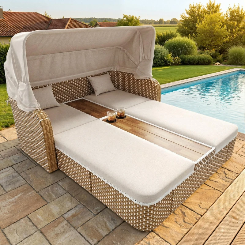 Outdoor Wicker Double Chaise Lounge with Openable Adjustable Canopy, Modern Garden Furniture Set for Patio, 160L x 192W x 137H cm, Beige