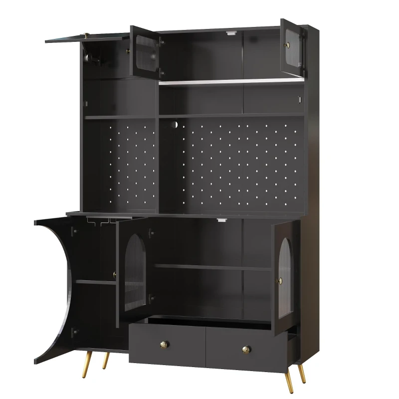 Tall Kitchen Cabinet with Built‑In Power Outlets & 2 USB Ports, Modern Sideboard with App-Controlled LED, 120L x 40W x 176H cm, Black