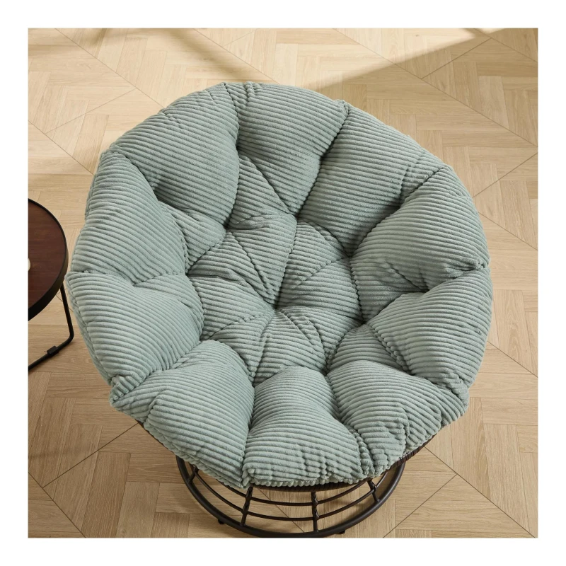 Poltrona Papasan, girevole a 360°, cuscino spesso(tessuto a coste), struttura in acciaio, 92x92x67 cm, Verde chiaro