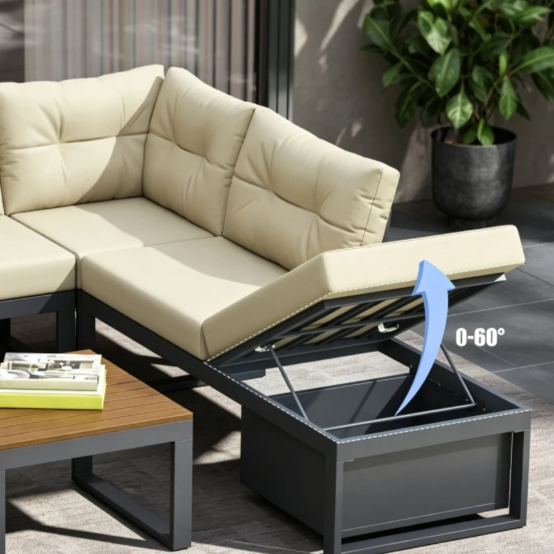 Gartenmöbelset mit verstellbaren Rückenlehnen und Liegefunktion, verstecktem Stauraum, für Terrasse, Balkon und Garten, Beige