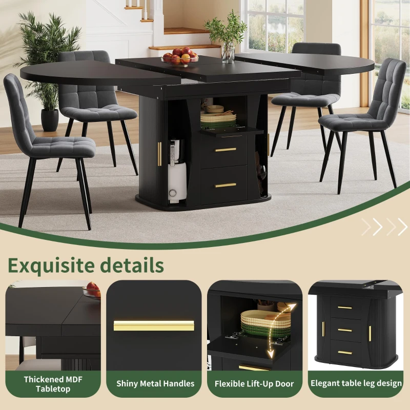Extendable Dining Table with 3-Tier Hidden Storage and Oval Extension, Round Kitchen Table for 6 People, 118-158L x 118W x 77H cm, Black