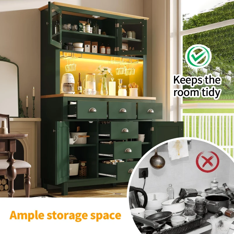 Farmhouse Style Sideboard with Spacious Shelves and Drawers, Versatile Storage Cabinet with Drink Holders, 104L x 40W x 180H cm, Green