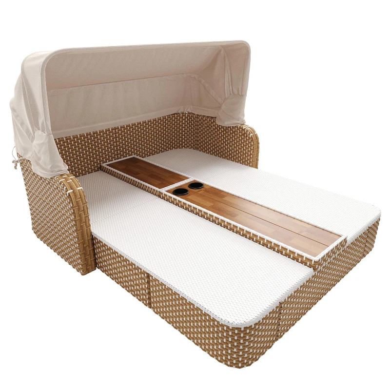 Outdoor Wicker Double Chaise Lounge with Openable Adjustable Canopy, Modern Garden Furniture Set for Patio, 160L x 192W x 137H cm, Beige