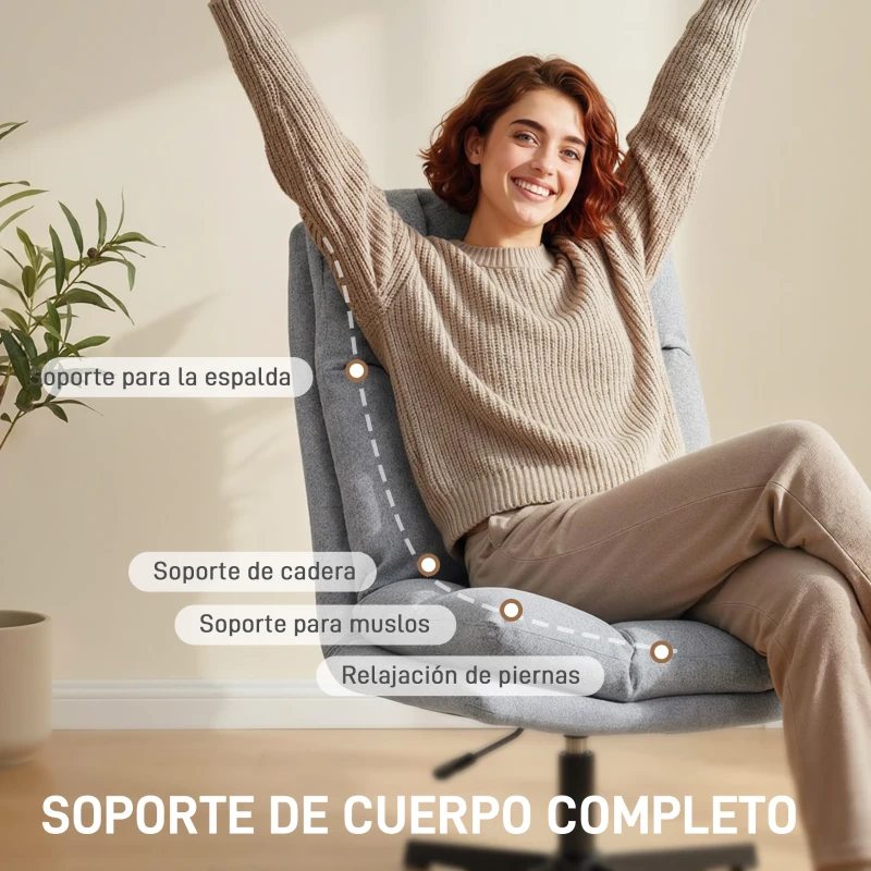 HOMCOM Butaca de Salón Giratorio 360° Altura Ajustable Asiento Ancho Tapizado en Lino Base de Metal Gris Claro