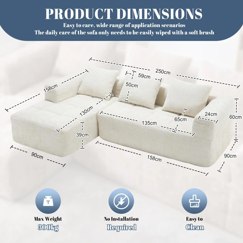 Modular L-Shaped Sofa with Deep Seating and Sleeper Function, Upholstered Lounge Couch for Living Area, 250L x 158W x 60H cm, Beige