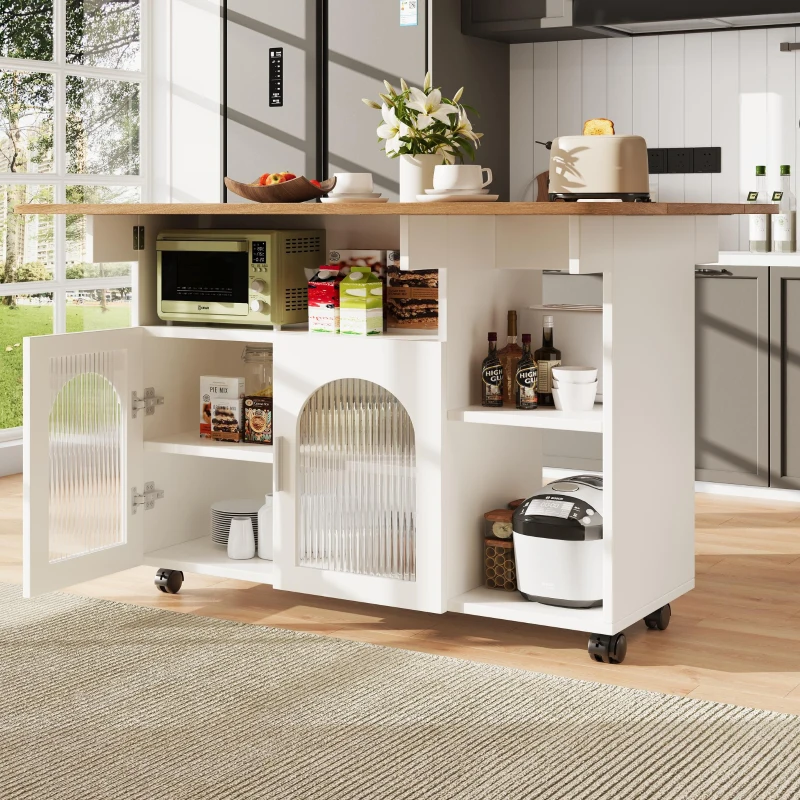 Mobile Kitchen Island with Fold-Down Dining Extensions, Versatile Serving Trolley with Open Shelves, 120L x 30-70W x 79.5H cm, White