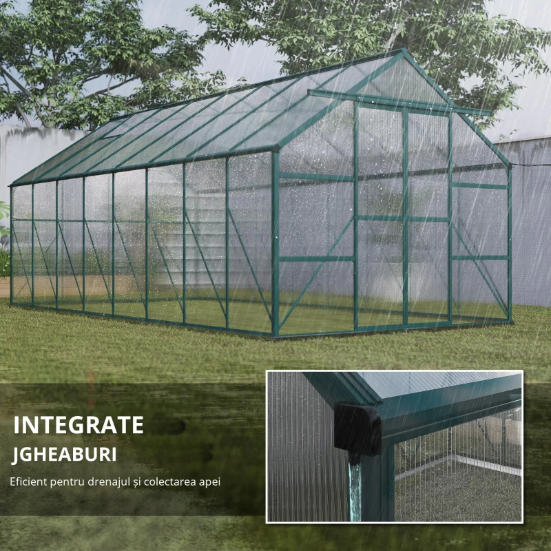 Outsunny Sera din aluminiu kit sera de gradina walk-in din policarbonat cu ventilatie 244 x 500 x 216cm, Transparenta