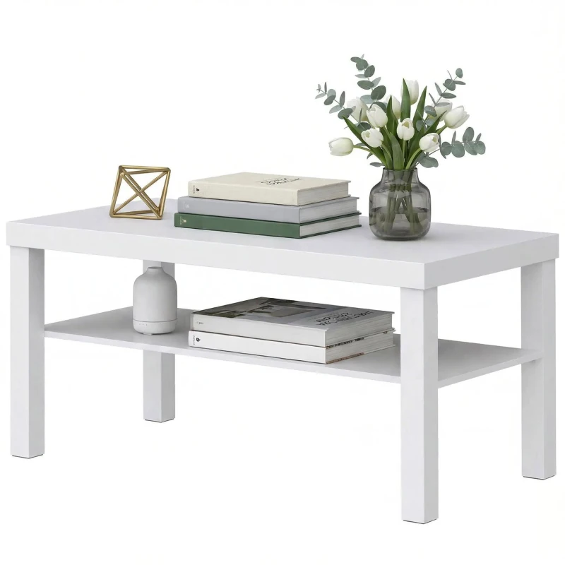 HOMCOM Masă de cafea pentru living, măsuță dreptunghiulară în 2 nivele cu raft de depozitare, 90x45x44,5cm, alb
