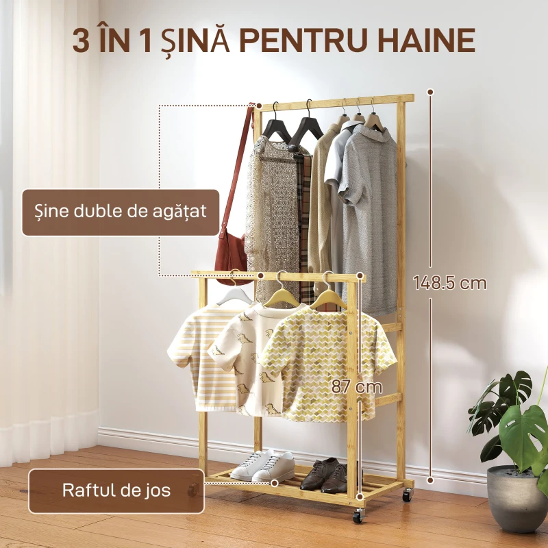 HOMCOM Suport pentru haine cu 2 bare, raft inferior și 4 roți din bambus, 80x40x160 cm, lemn natural