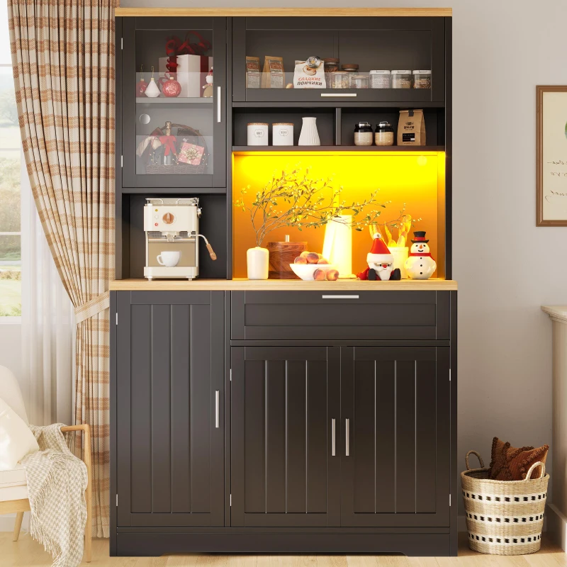 Tall Display Cabinet with USB-Powered App-Controlled LED Lighting, Modern Sideboard for Kitchen, Living Areas, 104L x 40W x 180H cm, Black