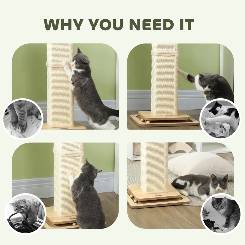 PawHut 3 in 1 Cat Scratching Post, 87cm Cat Scratcher w/ Track Ball Toy, Oak
