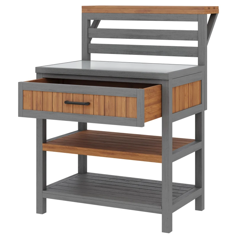 Wooden Garden Cabinet with Large Drawer and 2-Tier Shelf, Weather‑Resistant Sideboard for Patio Workspace, 80L x 72.5W x 123H cm, Natural