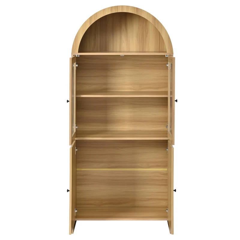 Hohes Sideboard mit Bogendecke, Glasvitrinentüren, Wellenmuster, 78 x 40 x 176 cm, Naturfarbe