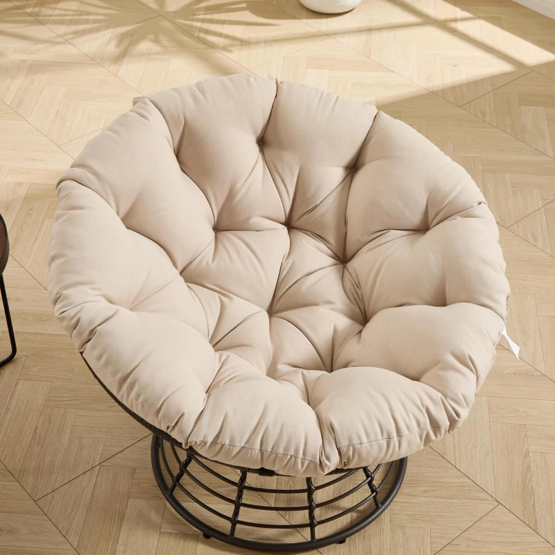 Poltrona Papasan, girevole a 360°, cuscino spesso, struttura in acciaio, 92x92x67 cm, Beige