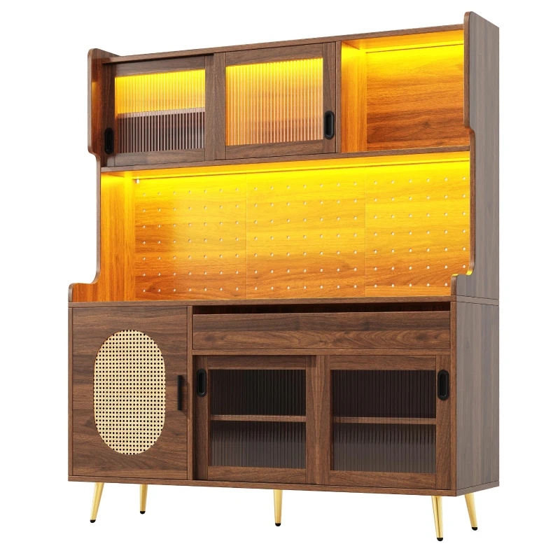 Country Style Sideboard with App-Controlled LED Light Strip, Sturdy Cabinet for Living & Dining Area, 145L x 39W x 171H cm, Brown