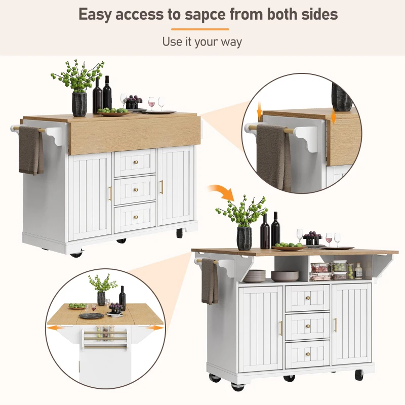 Extendable Kitchen Island with 3 Drawers, 2 Doors & Adjustable Shelves, Versatile Trolley for Prep and Dining, 120L x 40-80W x 95H cm, White