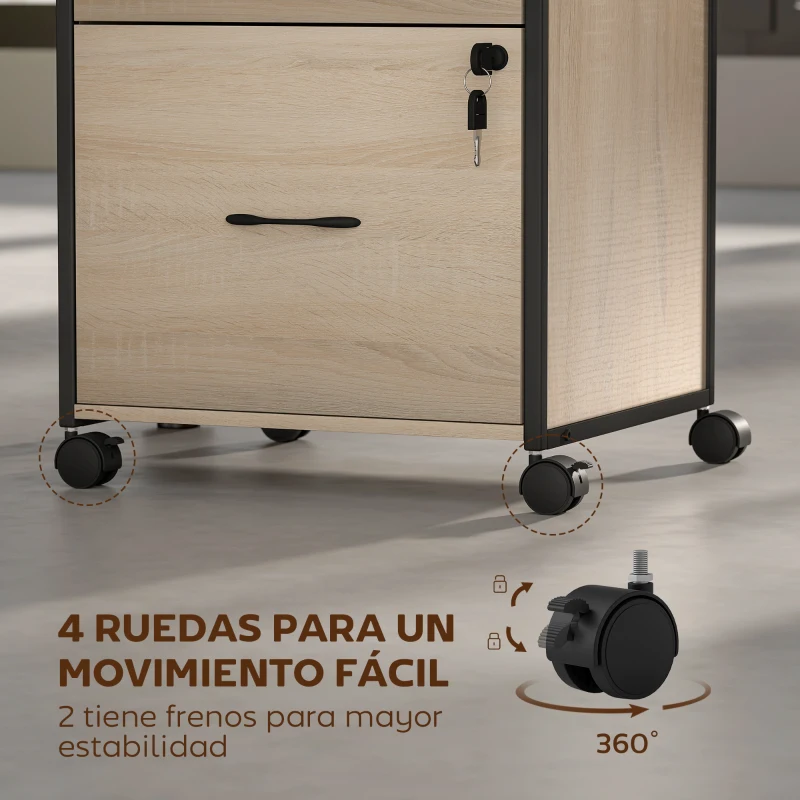 Vinsetto Cajonera de Oficina Cajonera para Escritorio con 2 Cajones y Ruedas para Tamaño Carta A4 44x40x66,5 cm Tono Madera