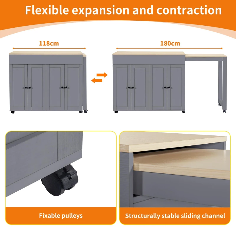 Space‑Saving Dining Table with 6 Adjustable Shelves & Storage Cabinet, Extendable Bar Table for 4–6 People, 118L-180 x 50W x 94H cm, Gray