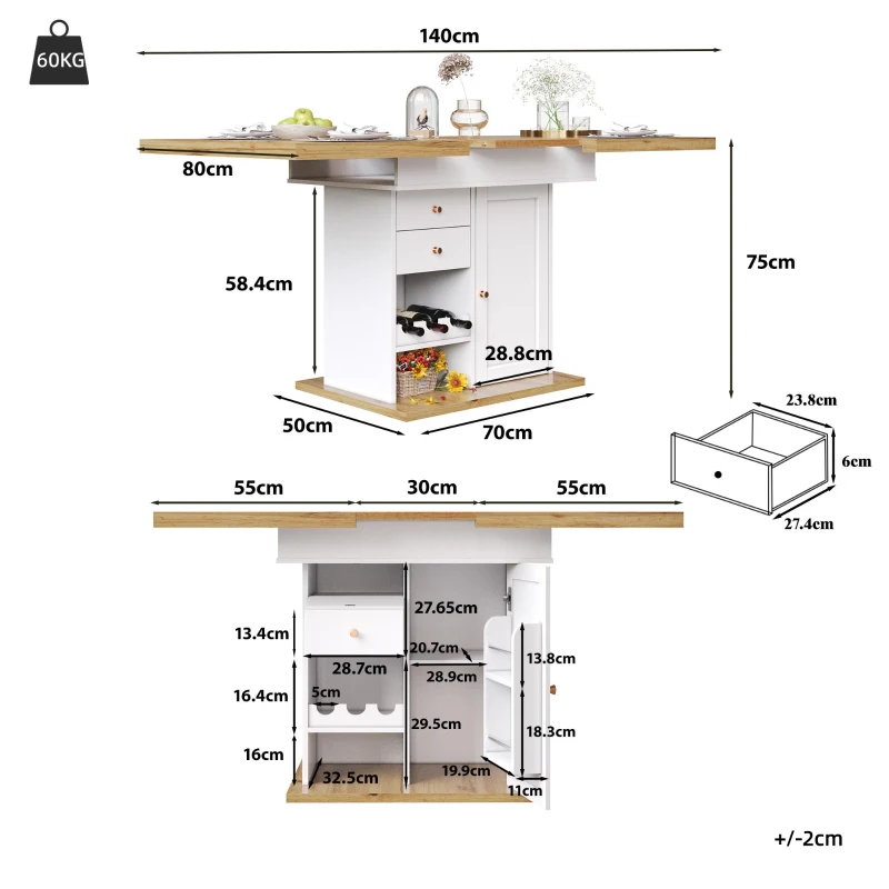 Extendable Dining Table with Telescopic 2-Sided Extension, Space-Saving Table for 4-6 People, 110-140L x 80W x 75H cm, White