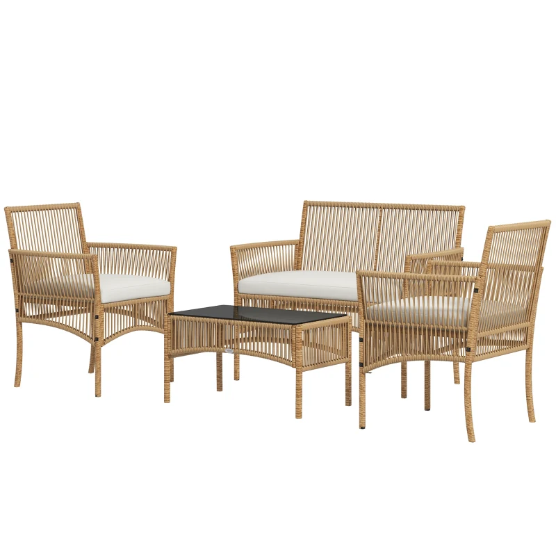 Outsunny Juego de 4 Piezas Muebles de Terraza con 1 Sofá de 2 Plazas 2 Sillones y 1 Mesa de Centro con Encimera de Cristal Beige