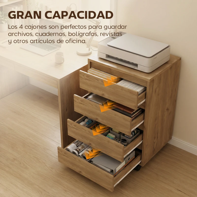 HOMCOM Cajonera de Oficina con 4 Cajones Cajonera de Escritorio con Ruedas para Estudio 46x40x65 cm Marrón