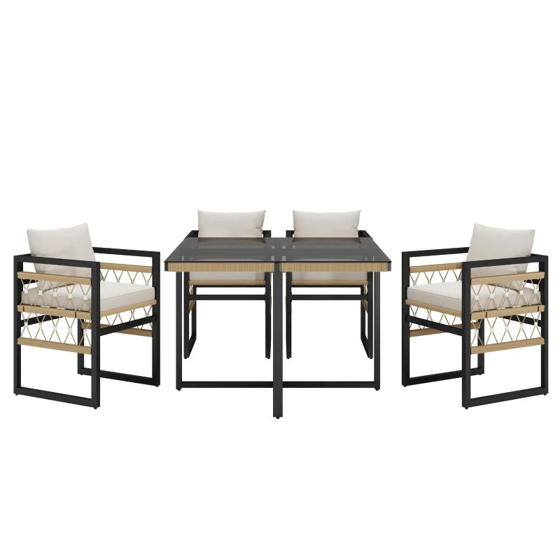 Hand-Woven Garden Sofa Set with Foam Cushions, Stylish Garden Lounge Set for 4 People, 110L x 110W x 74H cm, Beige+Black