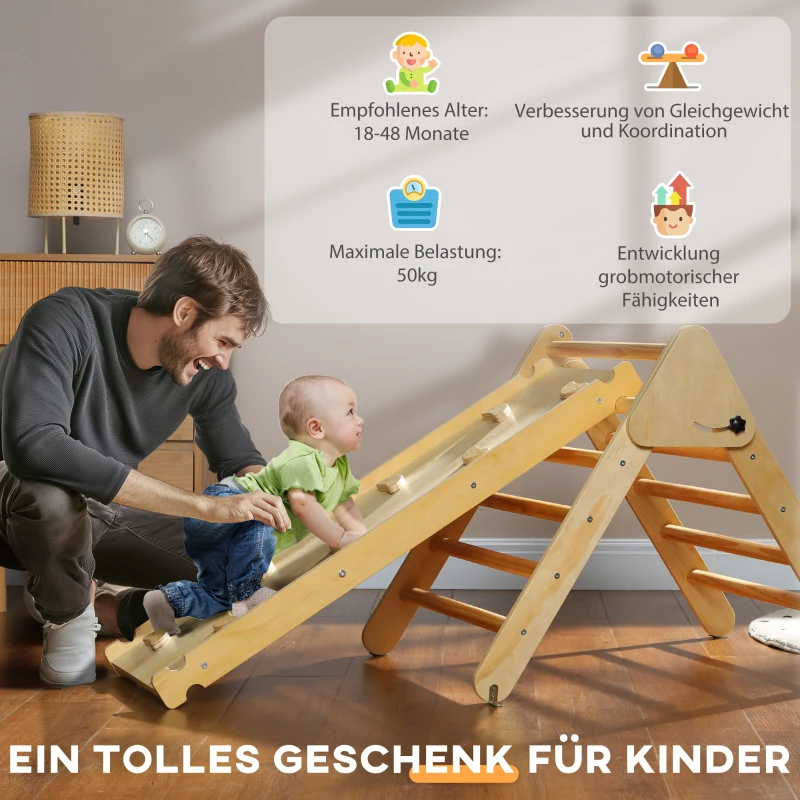 AIYAPLAY Toddler Climbing Frame, Wooden Climbing Frame Indoor for Kids with Ramp, 2 in 1 Pikler Triangle Set Baby Gym for 18-48 Months, Natural Wood Finish