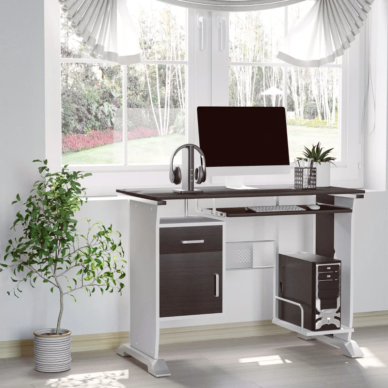 HOMCOM Computertisch mit 1 Schublade, 1 Schrank, 1 Tastaturablage, Schreibtisch. Bürotisch, MDF Schwarznuss+Silber