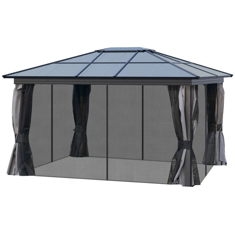 Outsunny 3.6 x 4m Hardtop Gazebo Canopy with Polycarbonate Roof, Aluminium Frame, Permanent Pavilion Garden Gazebo with Netting and Curtains for Patio, Deck, Dark Grey