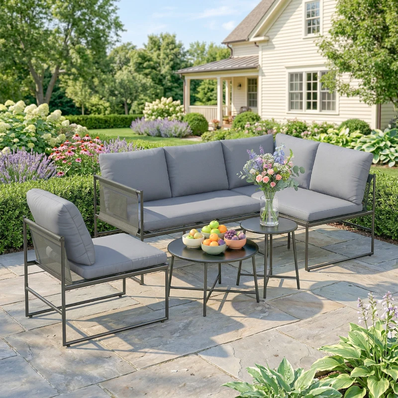 Outsunny Conjunto Lounge para Jardín 4-5 Personas con Sofá 2 Plazas, Mesa de Centro, Silla, Cojines gruesos lavables