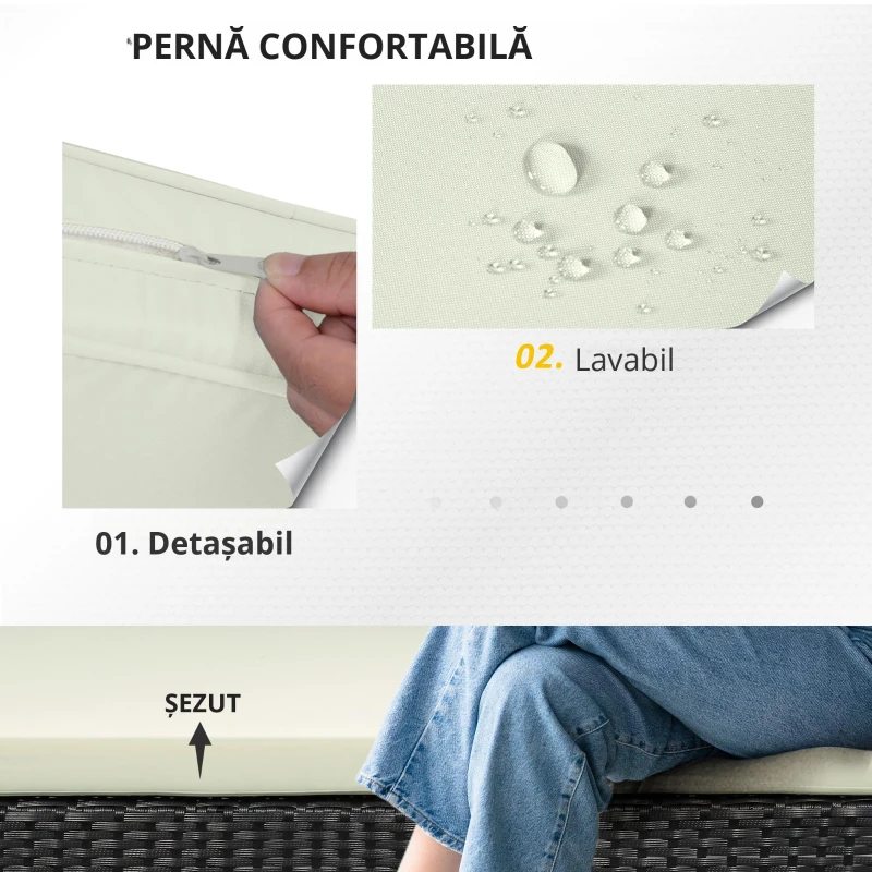 Outsunny Set Mobilier de Exterior din Ratan PE cu Canapea de 2 Locuri, 2 Fotolii cu Perne și Măsuță din Sticlă, Negru