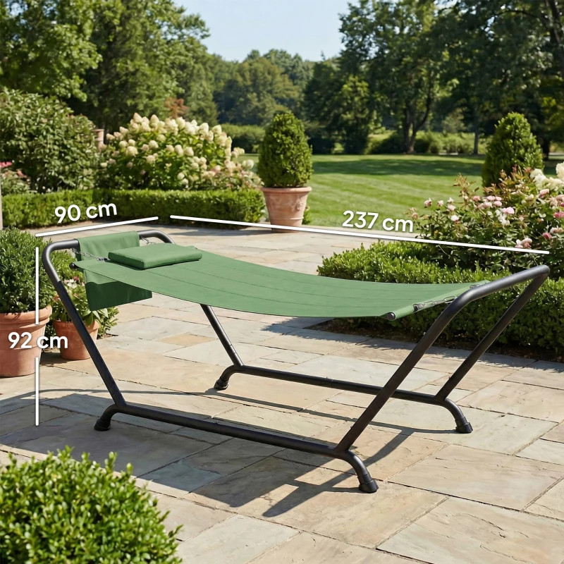 Outsunny Hamac de Grădină cu Suport, Buzunar Lateral și Tetieră, din Metal și Poliester, 237x90x92 cm, Verde Închis