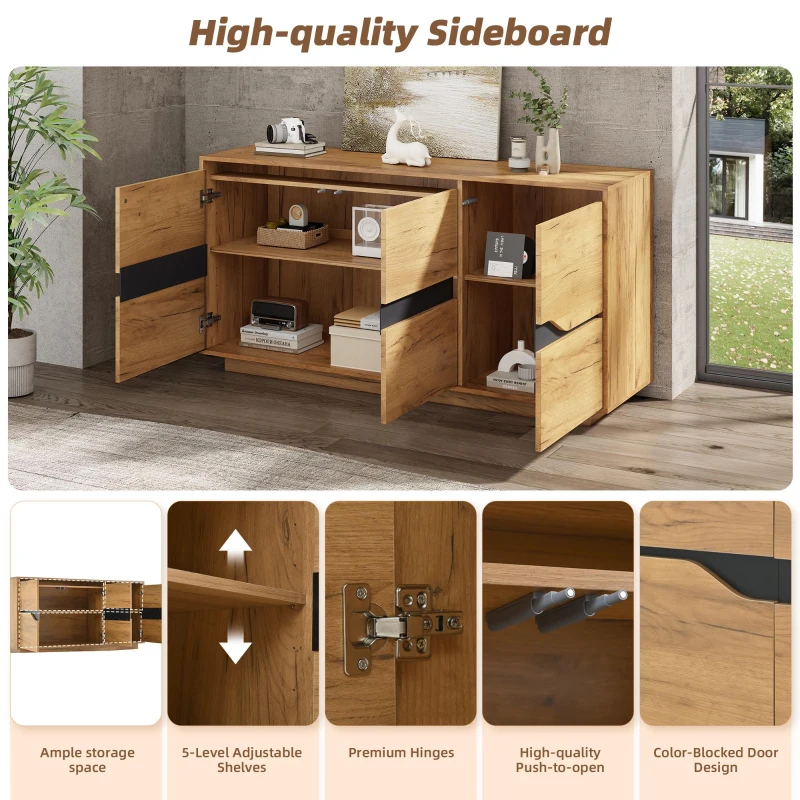 Modern Storage Cabinet with Soft-Close Hinges & Adjustable Shelves, Multifunctional Sideboard for Living Areas, 140L x 40W x 70H cm, Wood