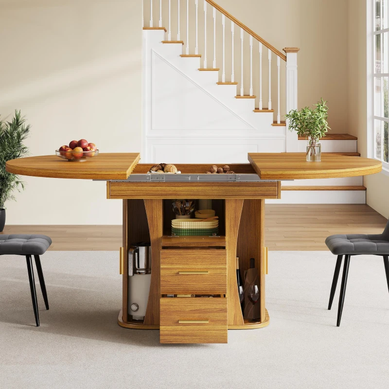 Extendable Dining Table with 3-Tier Hidden Storage and Sliding Rail, Round Kitchen Table for 6 People, 118-158L x 118W x 77H cm, Walnut