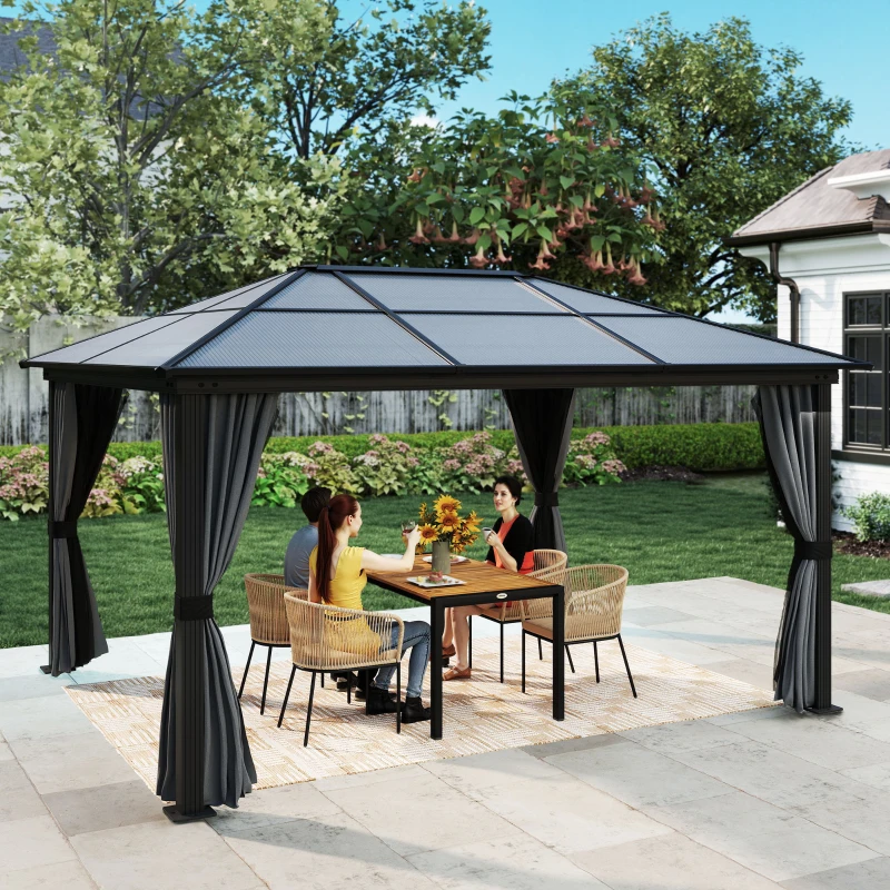 Outsunny 3.6 x 4m Hardtop Gazebo Canopy with Polycarbonate Roof, Aluminium Frame, Permanent Pavilion Garden Gazebo with Netting and Curtains for Patio, Deck, Dark Grey