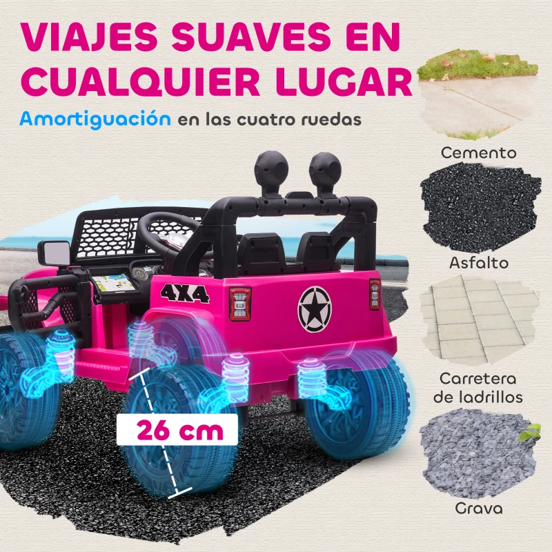 HOMCOM Coche Eléctrico para Niños de +3 Años Vehículo Todoterreno de Batería 12V con Control Remoto 100x65x72 cm Rosa