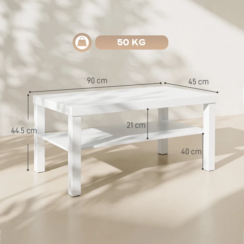HOMCOM Masă de cafea pentru living, măsuță dreptunghiulară în 2 nivele cu raft de depozitare, 90x45x44,5cm, alb