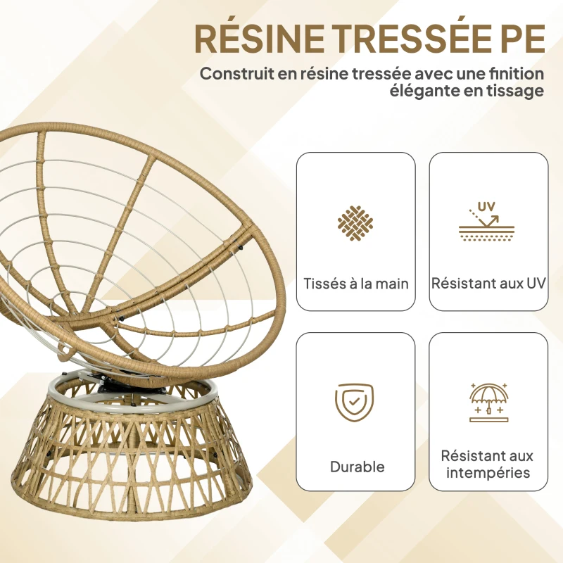Outsunny Fauteuil papasan en rotin, fauteuil pivotant à 360° avec coussin rembourré, 85 x 70 x 82 cm, kaki