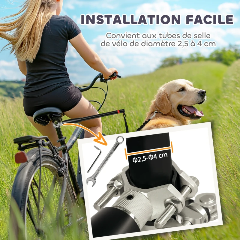 PawHut Laisse pour chien pour vélo 124 cm, laisse d'exercice chien, facile à installer et amovible, acier et polyester, noir