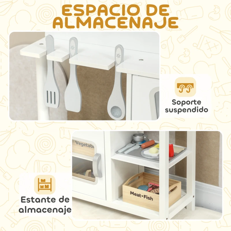 AIYAPLAY Cocina de Juguete de Madera con Sonido Accesorios Fregadero y Microondas para Niños a Partir de 3 Años Blanco
