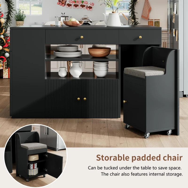 Adjustable Kitchen Island with 2 Stools, 6-Drawer and Generous worktop, Versatile Sideboard with Open Shelves, 140L x 40W x 89H cm, Black