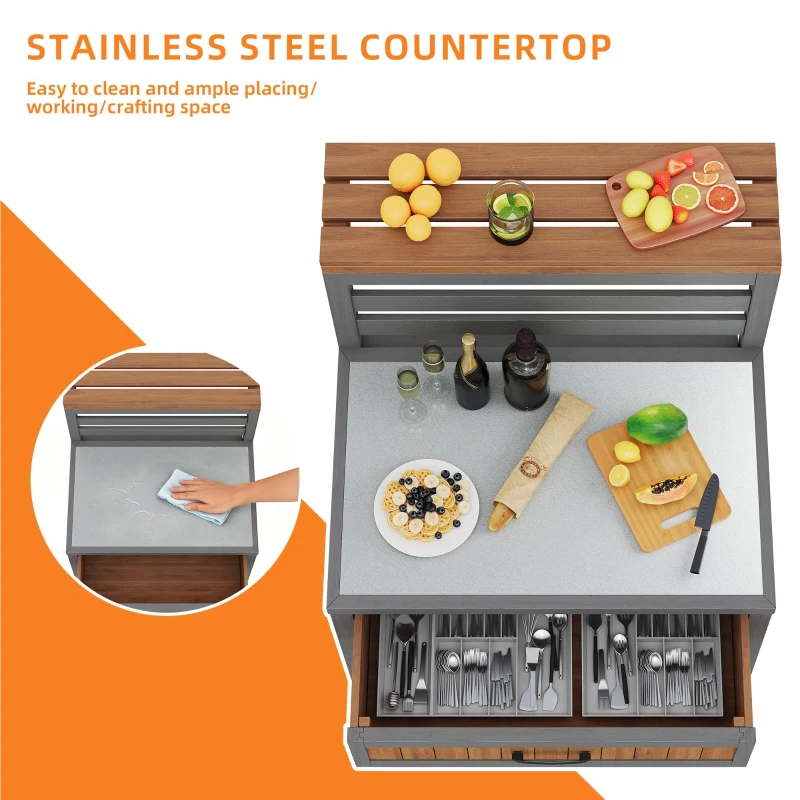 Wooden Garden Cabinet with Large Drawer and 2-Tier Shelf, Weather‑Resistant Sideboard for Patio Workspace, 80L x 72.5W x 123H cm, Natural