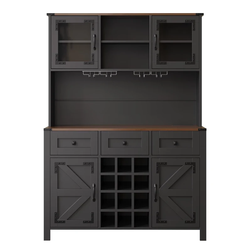 Tall Kitchen Cabinet with Integrated Power Strip and Wine Glass Rack, Stylish Sideboard with Cable Management, 120L x 40W x 170H cm, Black