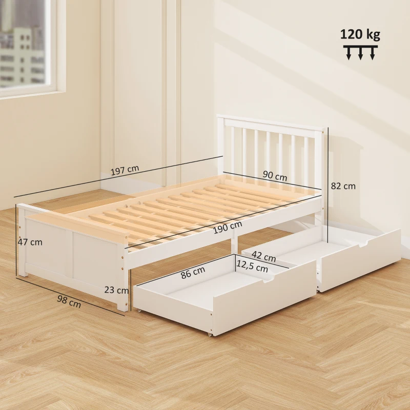 HOMCOM Estructura de Cama 90 x 190 cm en Madera Maciza,  2 Cajones con Ruedas, Cabecero, Pie de Cama, Somier de Lamas, Blanco